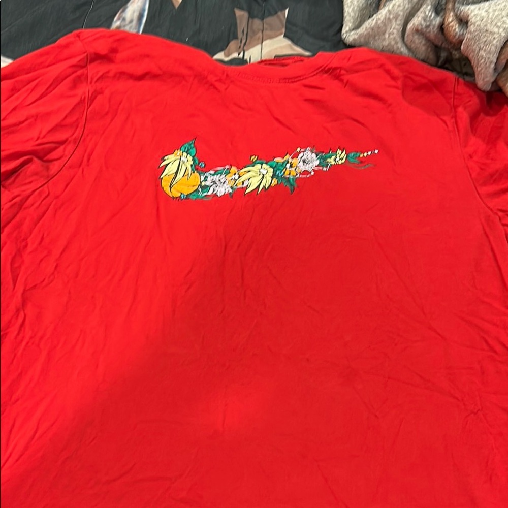 Red Nike T-Shirt with Floral Swoosh